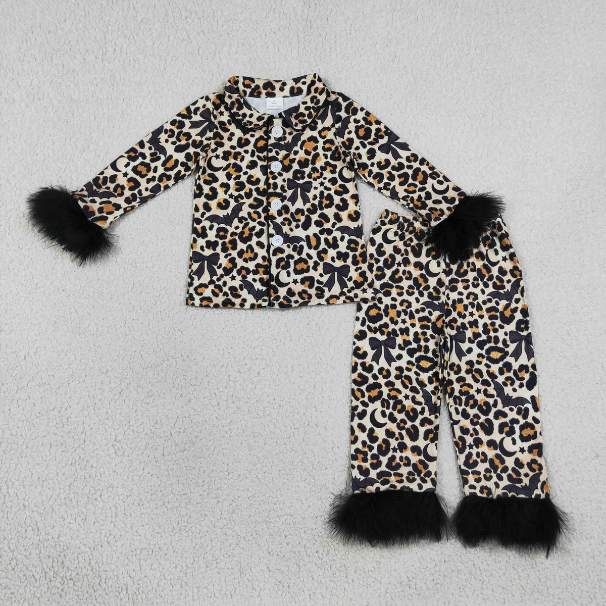 Mama and Me Bats Leopard Button Top Pants Halloween Fur Sleeves Pajamas Sets