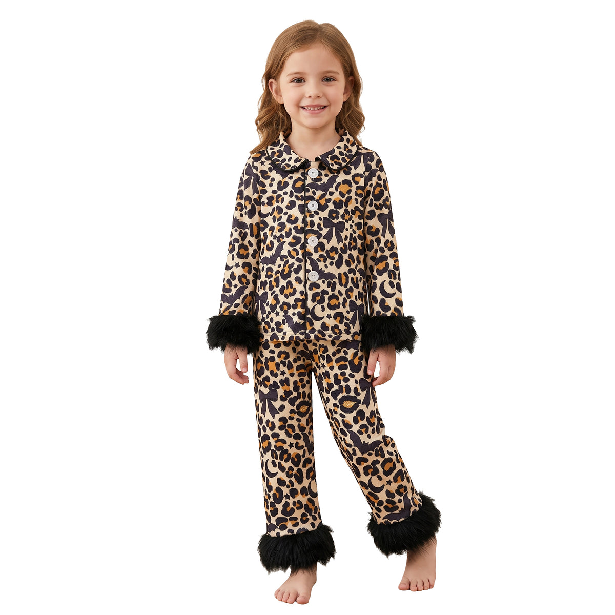 Baby Girls Leopard Bats Button Top Pant Fur Sleeves Halloween Pajamas Set