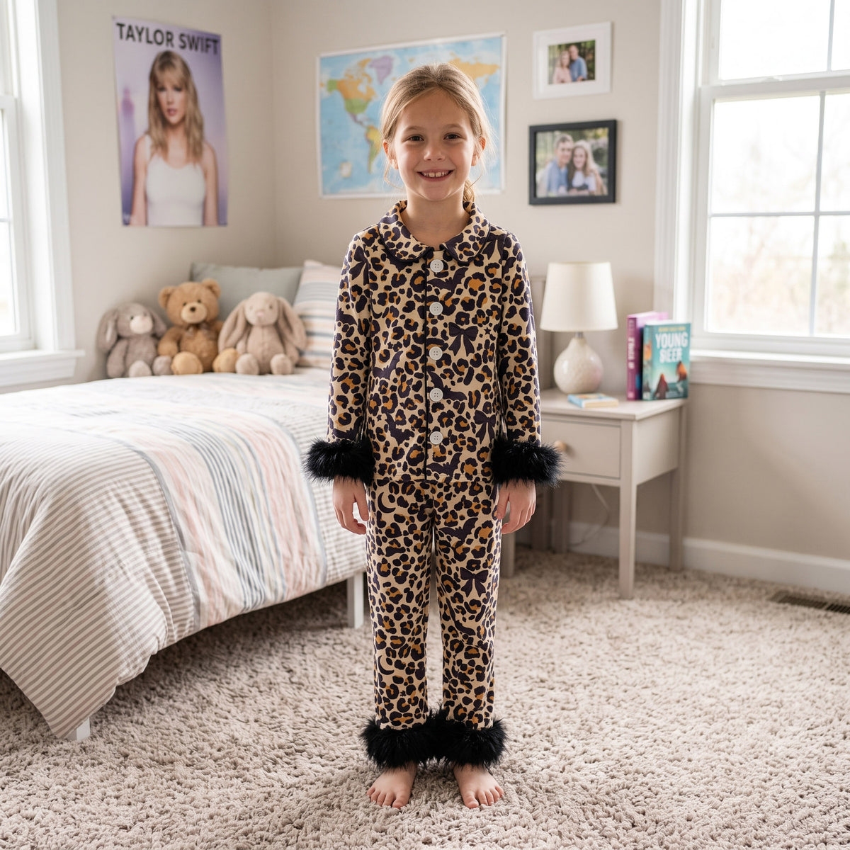 Baby Girls Leopard Bats Button Top Pant Fur Sleeves Halloween Pajamas Set