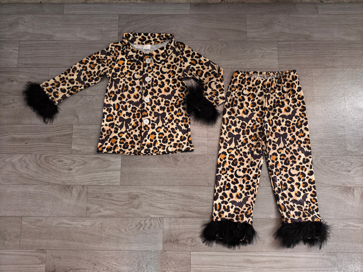 Baby Girls Leopard Bats Button Top Pant Fur Sleeves Halloween Pajamas Set