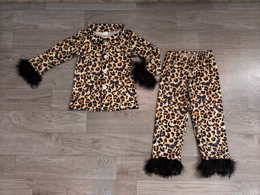 Baby Girls Leopard Bats Button Top Pant Fur Sleeves Halloween Pajamas Set Preorder