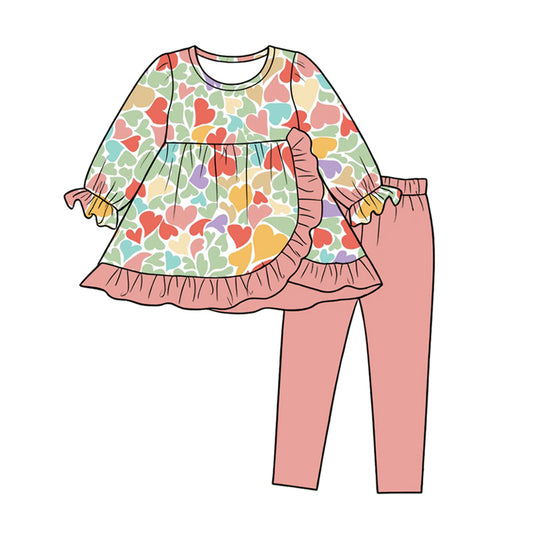Preorder moq 5 Baby Girls Colorful Hearts Ruffle Tunic Leggings Valentines Clothes Set