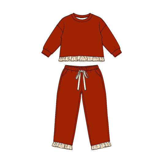 Preorder moq 5 Baby Girls Orange Long Sleeve Top Pockets Pants Sweatshirt Clothes Set