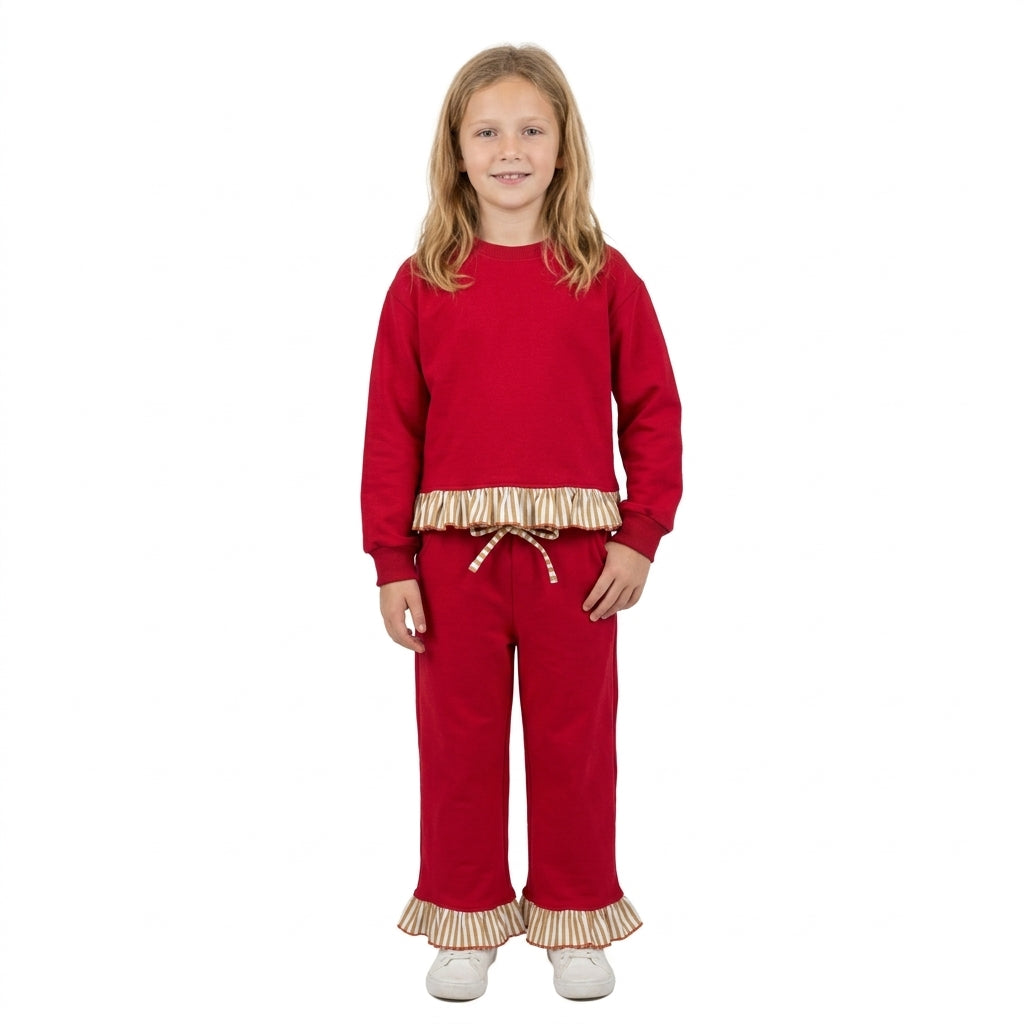 Baby Girls Red Long Sleeve Top Pockets Ruffle Pants Sweater Clothes Set