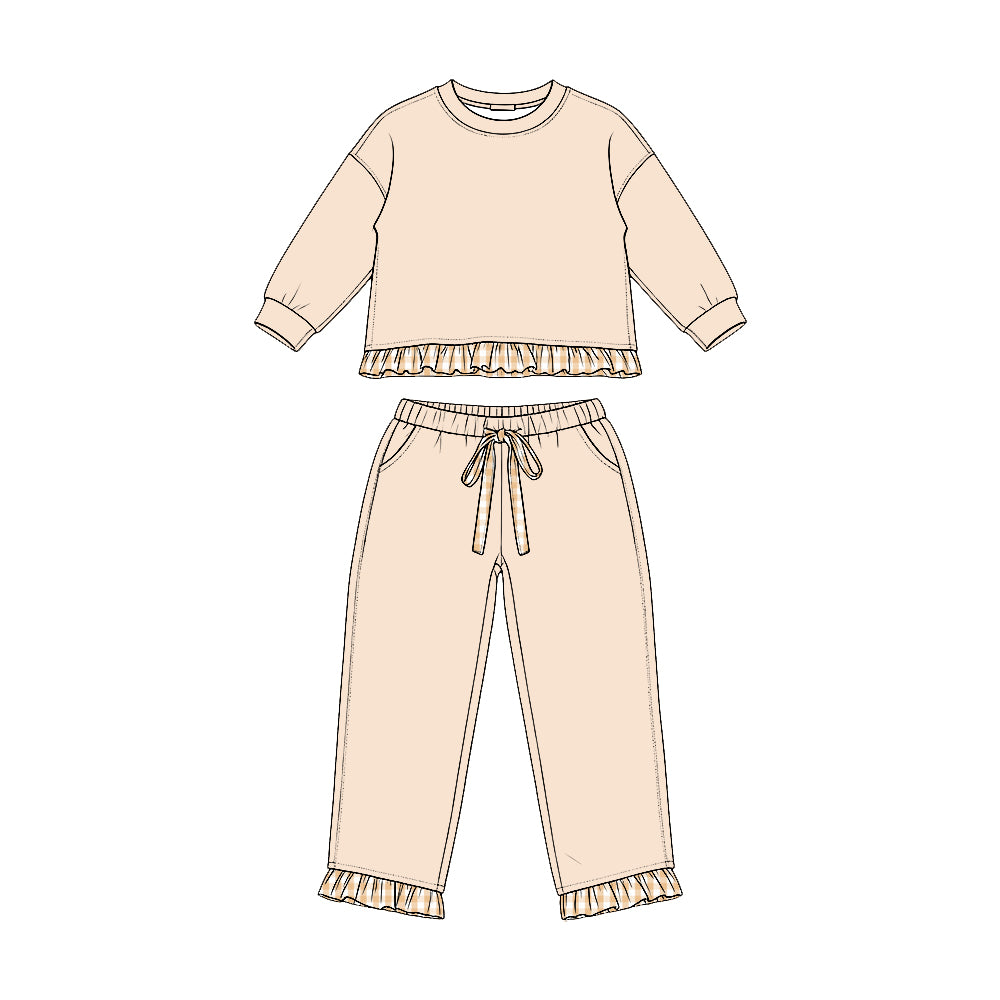 Preorder moq 5 Baby Girls Khaki Long Sleeve Top Pockets Pants Sweatshirt Clothes Set