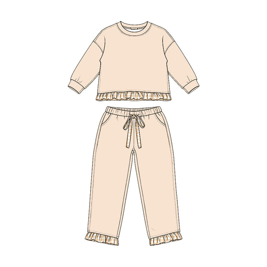 Preorder moq 5 Baby Girls Khaki Long Sleeve Top Pockets Pants Sweatshirt Clothes Set