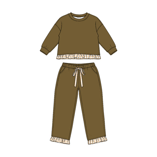 Preorder moq 5 Baby Girls Olive Long Sleeve Top Pockets Pants Sweatshirt Clothes Set