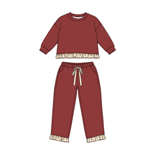 Preorder moq 5 Baby Girls Maroon Long Sleeve Top Pockets Pants Sweatshirt Clothes Set