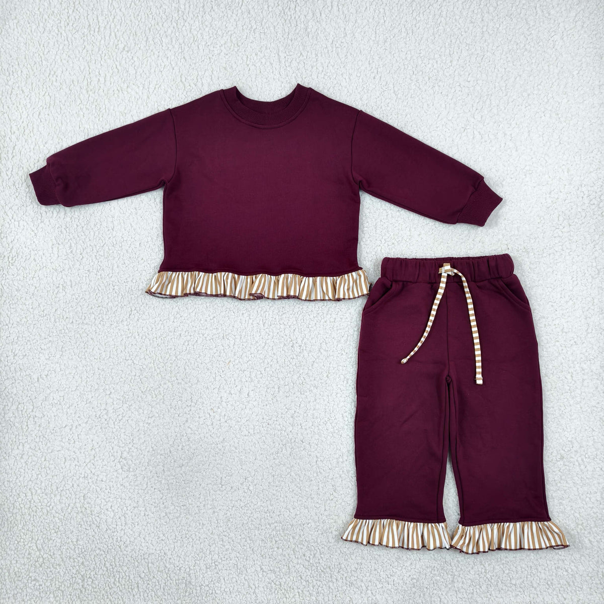 Baby Girls Maroon Long Sleeve Shirts Top Pockets Ruffle Pants Clothes Set