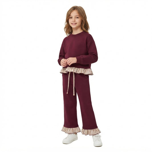 Baby Girls Maroon Long Sleeve Shirts Top Pockets Ruffle Pants Clothes Set