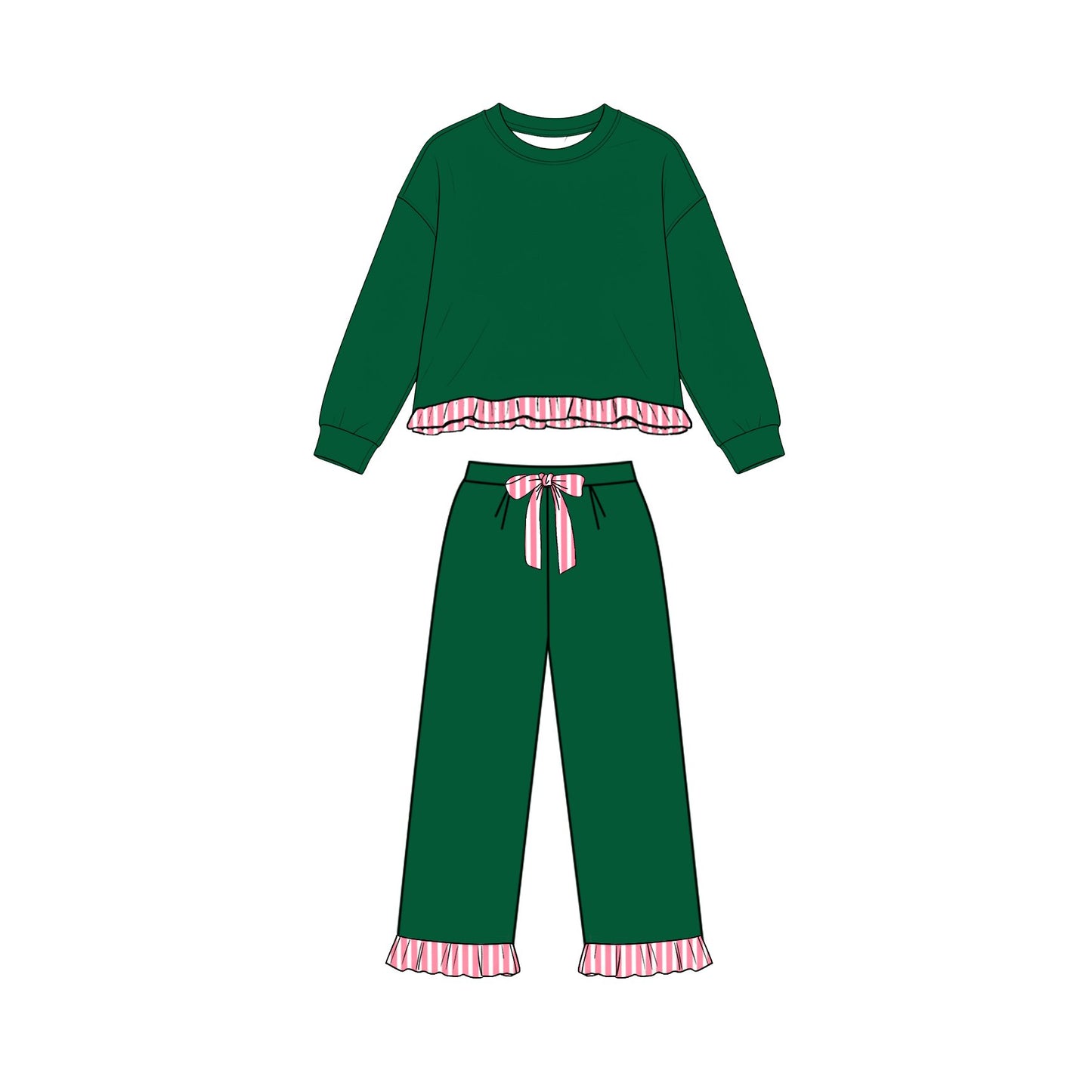 Preorder moq 5 Baby Girls Green Long Sleeve Top Pockets Pants Sweatshirt Clothes Set