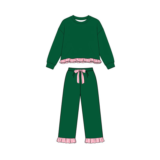 Preorder moq 5 Baby Girls Green Long Sleeve Top Pockets Pants Sweatshirt Clothes Set