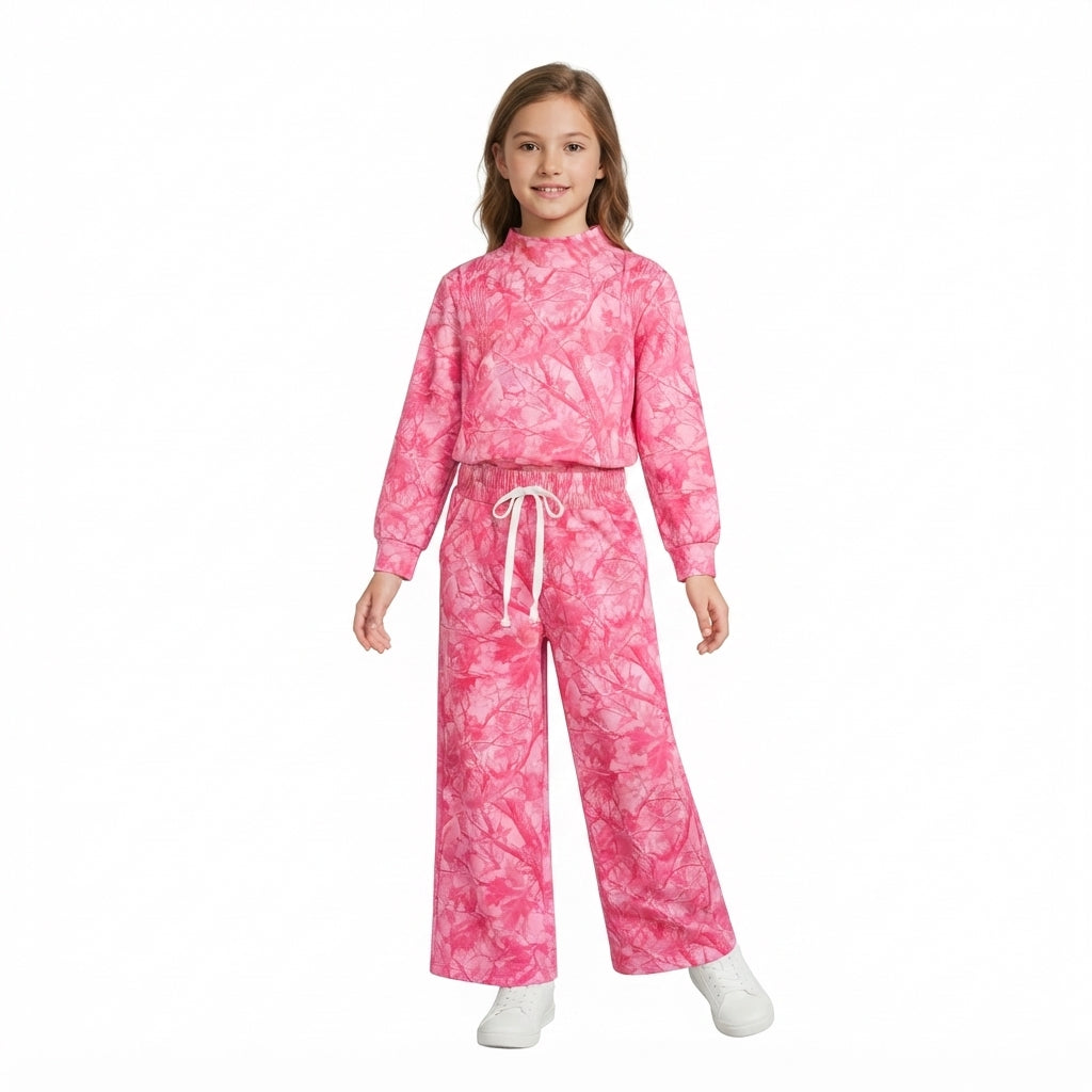 Baby Girls Pink Leaves Camo Choker Top Pockets Flare Pant Clothes Set