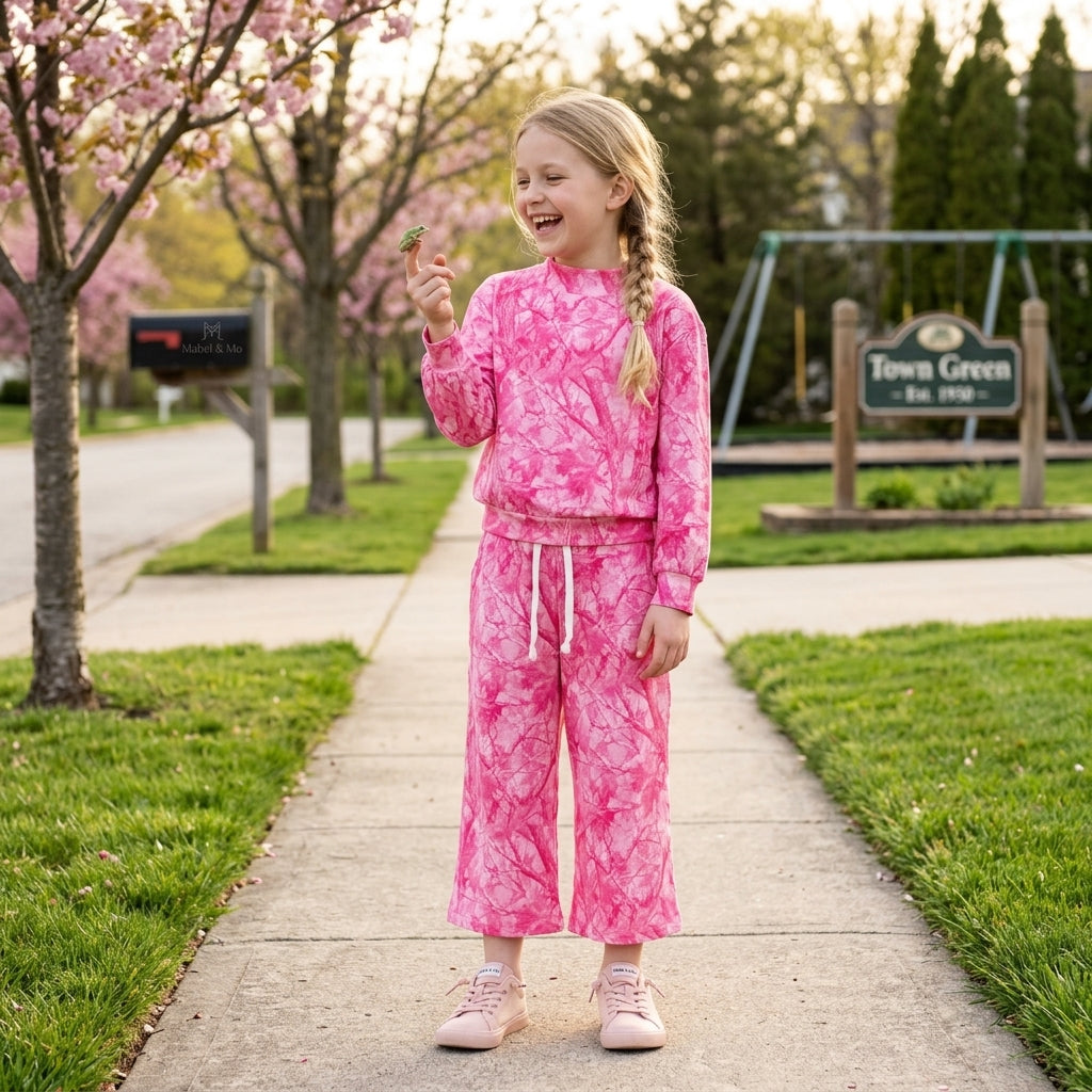 Baby Girls Pink Leaves Camo Choker Top Pockets Flare Pant Clothes Set