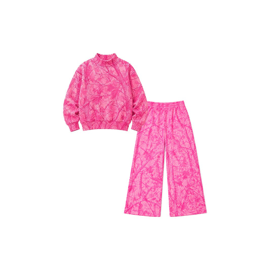 Preorder moq 5 Baby Girls Pink Leaves Camo Top Pockets Flare Pant Clothes Set