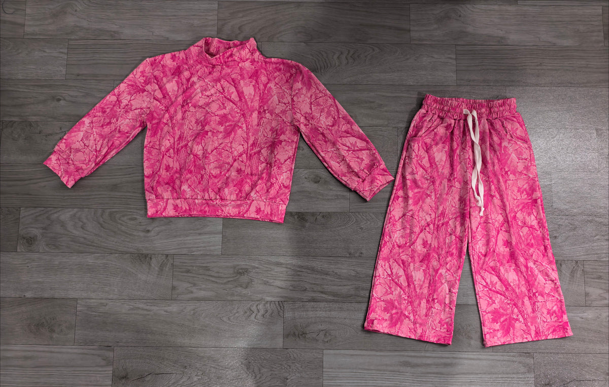 Baby Girls Pink Leaves Camo Top Pockets Flare Pant Clothes Set Preorder