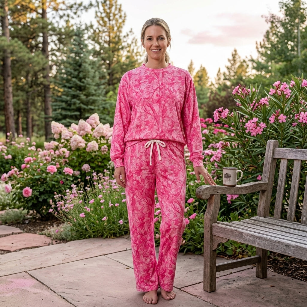 Adult Women Pink Leaves Camo Top Pockets Flare Pants Clothes Sets