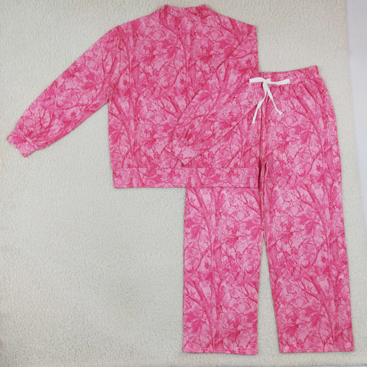 Adult Women Pink Leaves Camo Top Pockets Flare Pants Clothes Sets
