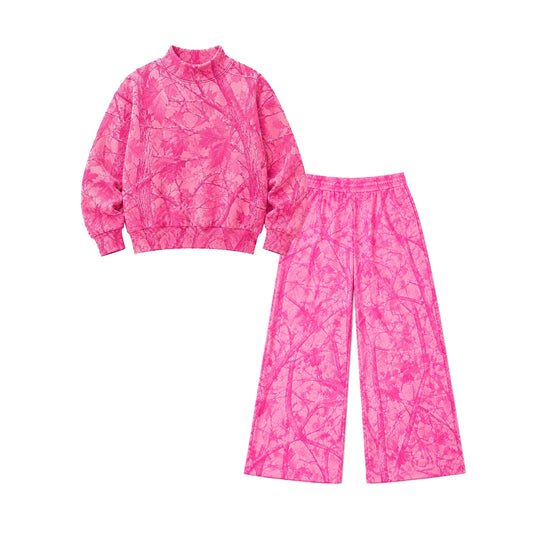 Preorder moq 5 Adult Women Pink Leaves Camo Top Pockets Flare Pants Clothes Sets