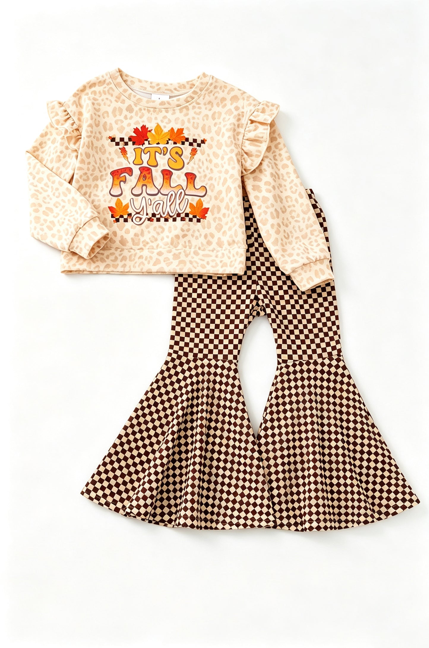 Preorder moq 5 Baby Girls It's Fall Y'all Leopard Top Checked Bell Bottom Pant Clothes Set