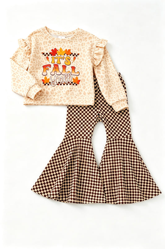 Preorder moq 5 Baby Girls It's Fall Y'all Leopard Top Checked Bell Bottom Pant Clothes Set