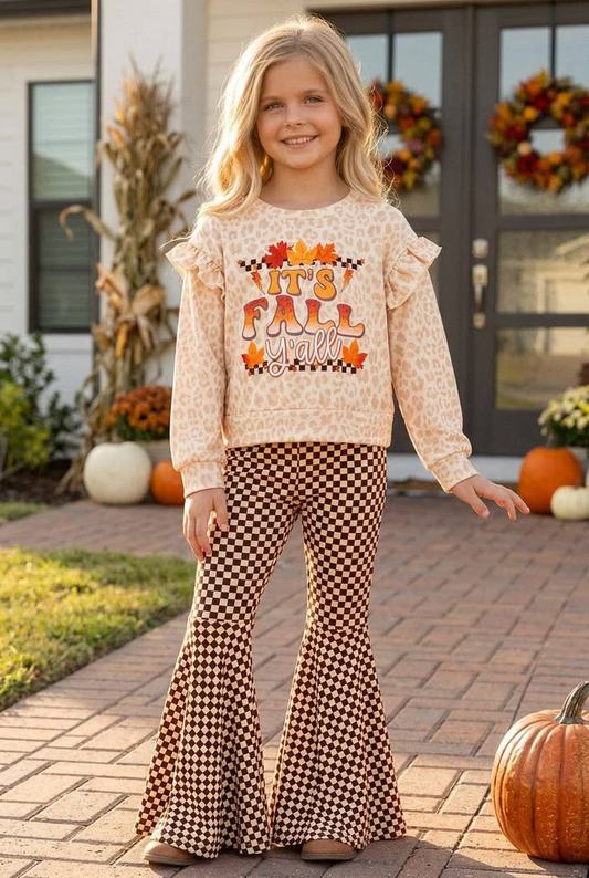 Preorder moq 5 Baby Girls It's Fall Y'all Leopard Top Checked Bell Bottom Pant Clothes Set