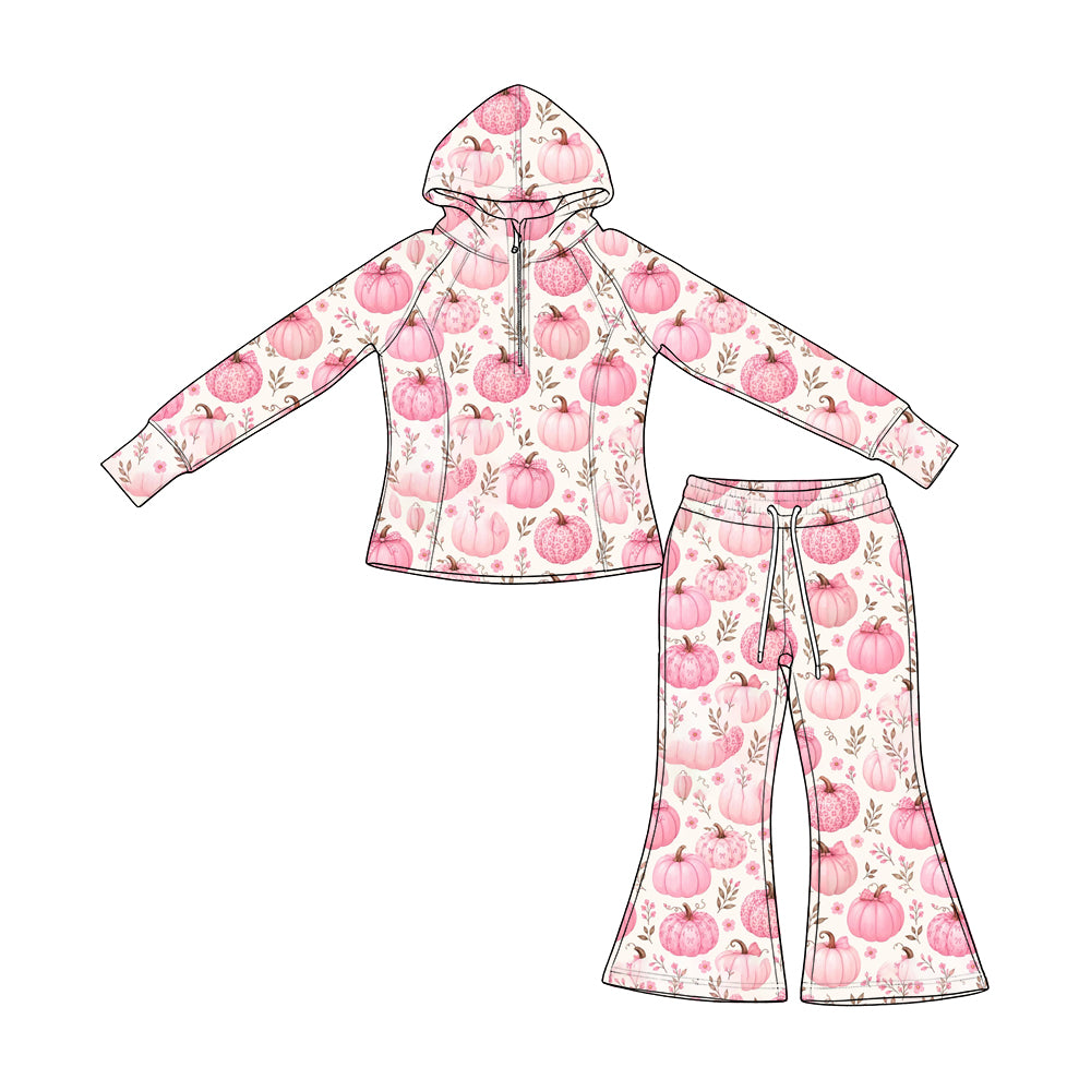 Preorder moq 5 Baby Girls Pink Bows Pumpkins Zip Hoodies Bell Bottom Pant Fall Clothes Set