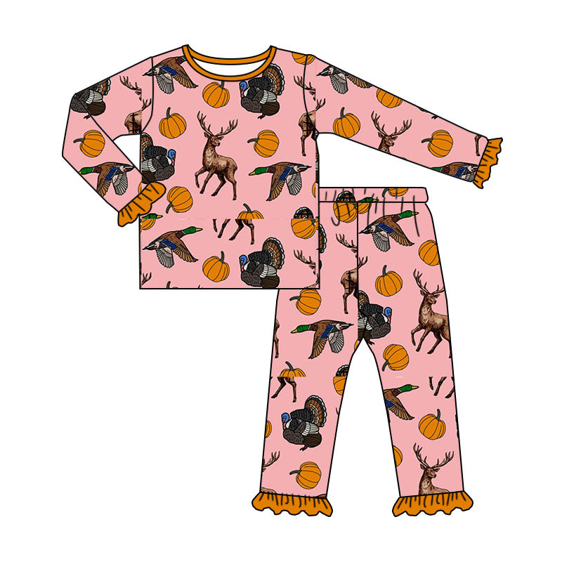 Preorder moq 5 Baby Girls Pumpkins Deer Dogs Top Ruffle Pant Thanksgivings Pajamas Set