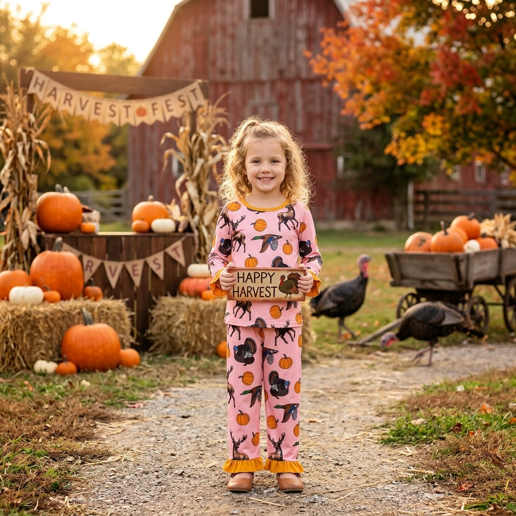 Baby Girls Pumpkins Deer Top Ruffle Pant Thanksgivings Pajamas Sets