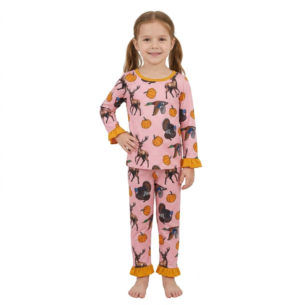 Baby Girls Pumpkins Deer Top Ruffle Pant Thanksgivings Pajamas Sets
