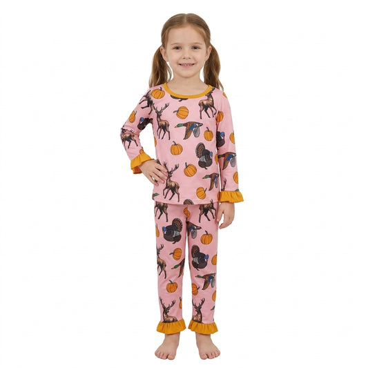 Baby Girls Pumpkins Deer Top Ruffle Pant Thanksgivings Pajamas Sets