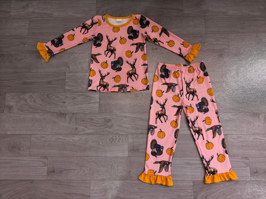 Baby Girls Pumpkins Deer Dogs Top Ruffle Pant Thanksgivings Pajamas Set Preorder