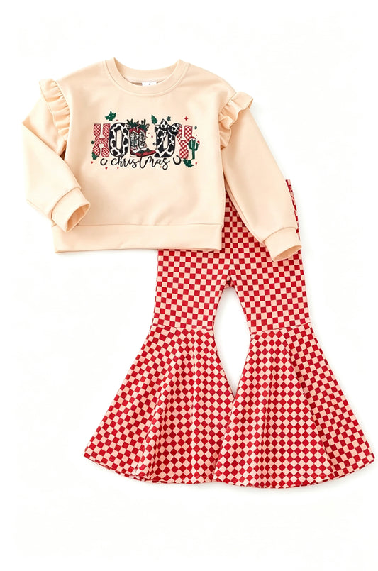 Preorder moq 5 Baby Girls Cow Print Holly Top Checked Bell Bottom Pant Christmas Sets