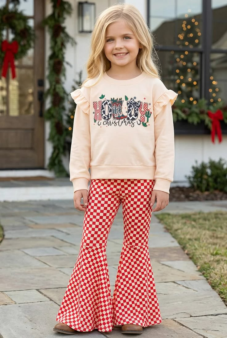 Preorder moq 5 Baby Girls Cow Print Holly Top Checked Bell Bottom Pant Christmas Sets