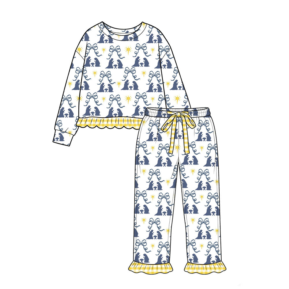 Preorder moq 5 Baby Girls Bows Nativity Top Ruffle Pant Pajamas Clothes Set
