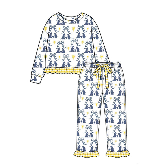 Preorder moq 5 Baby Girls Bows Nativity Top Ruffle Pant Pajamas Clothes Set