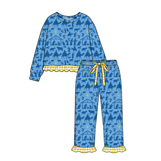 Preorder moq 5 Baby Girls Angles Nativity Top Ruffle Pant Pajamas Clothes Set