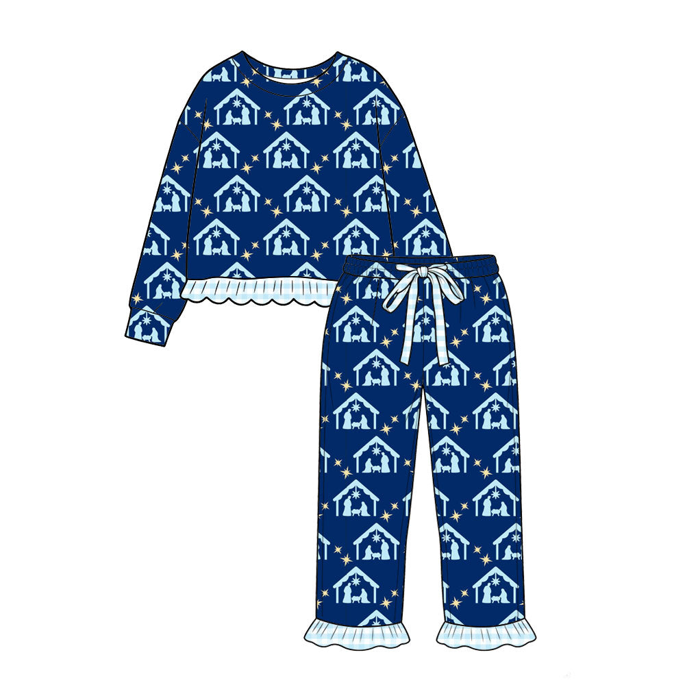 Preorder moq 5 Baby Girls Stars Nativity Top Ruffle Pant Pajamas Clothes Set