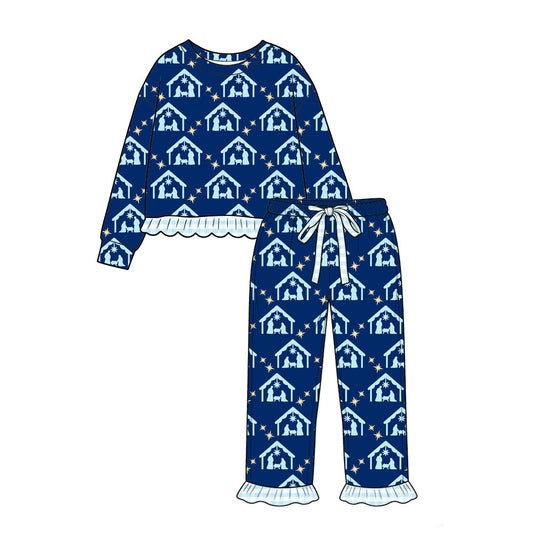 Preorder moq 5 Baby Girls Stars Nativity Top Ruffle Pant Pajamas Clothes Set