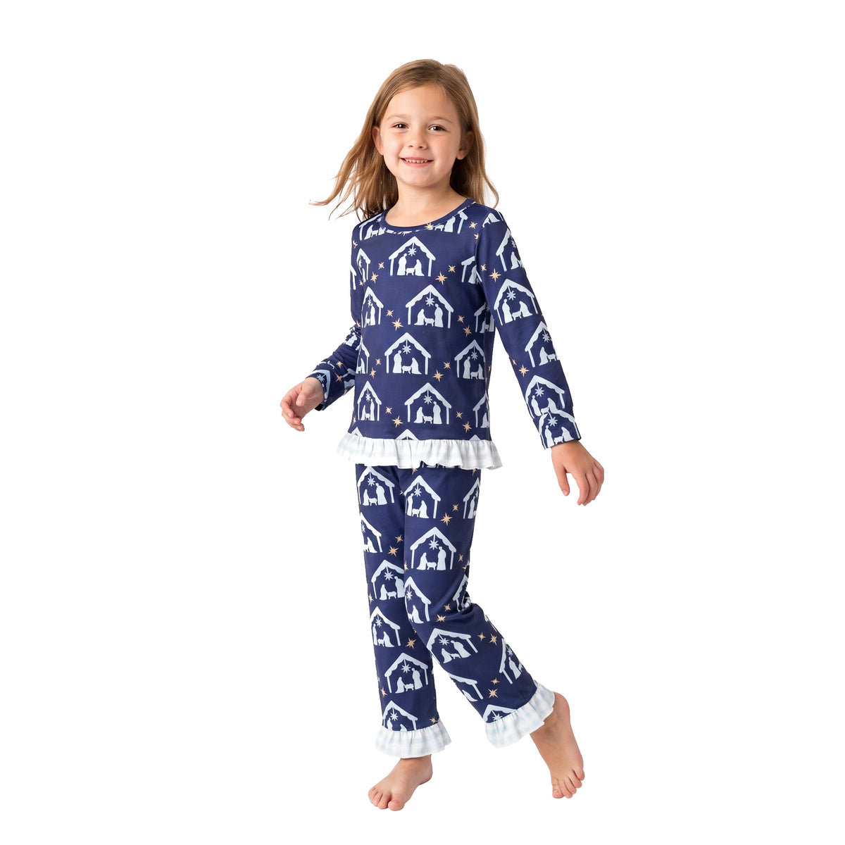Baby Girls Blue Stars Nativity Top Ruffle Pant Pajamas Clothes Set