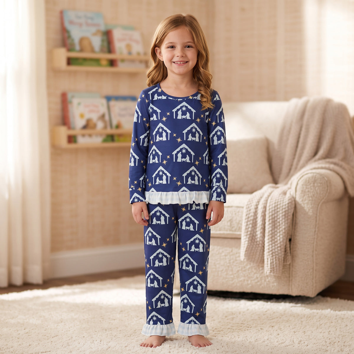 Baby Girls Blue Stars Nativity Top Ruffle Pant Pajamas Clothes Set