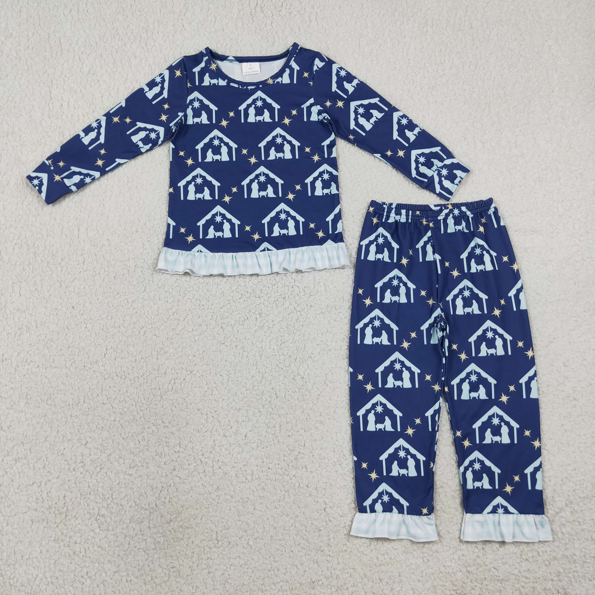 Baby Girls Blue Stars Nativity Top Ruffle Pant Pajamas Clothes Set