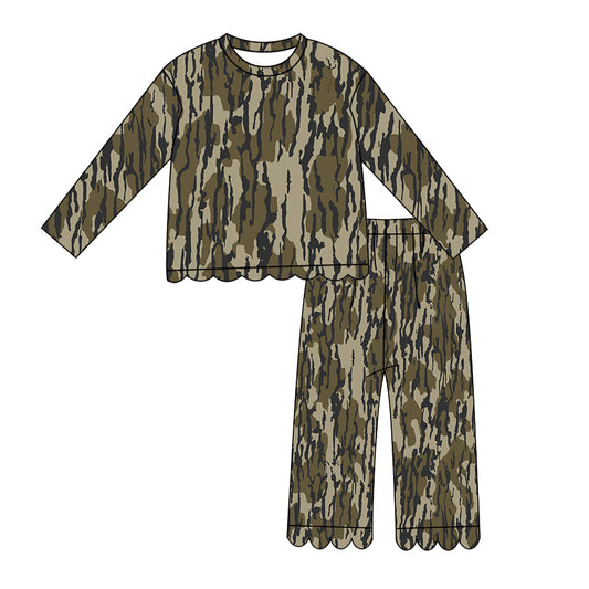 Preorder moq 5 Baby Girls Long Sleeve Wood Camo Top Pant Scallop Clothes Set