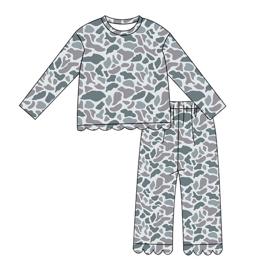 Preorder moq 5 Baby Girls Long Sleeve Light Grey Camo Top Pant Scallop Clothes Set