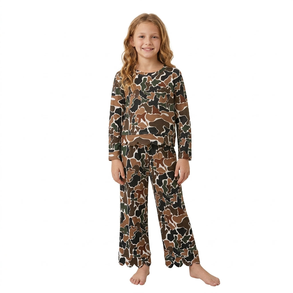 Baby Girls Dark Brown Camo Top Flare Pant Scallop Clothes Set