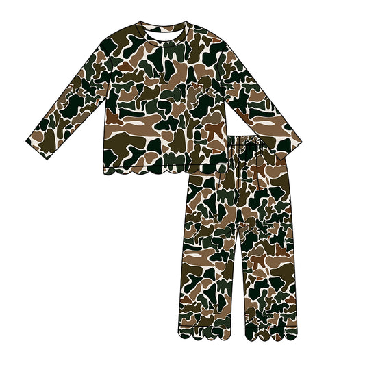 Preorder moq 5 Baby Girls Long Sleeve Dark Brown Camo Top Pant Scallop Clothes Set