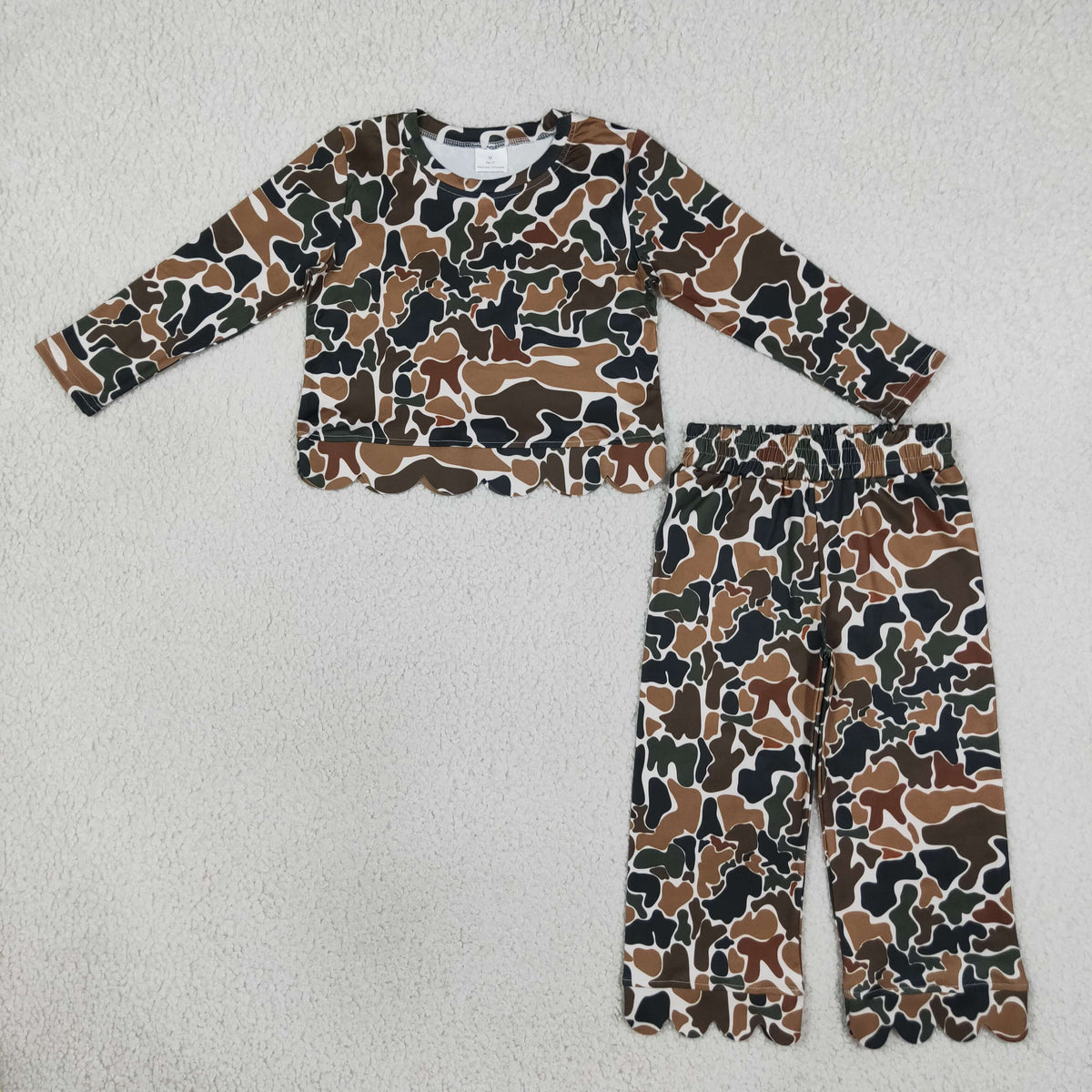 Baby Girls Dark Brown Camo Top Flare Pant Scallop Clothes Set