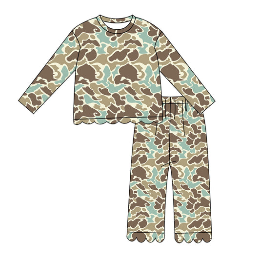 Preorder moq 5 Baby Girls Long Sleeve Green Camo Top Pant Scallop Clothes Set