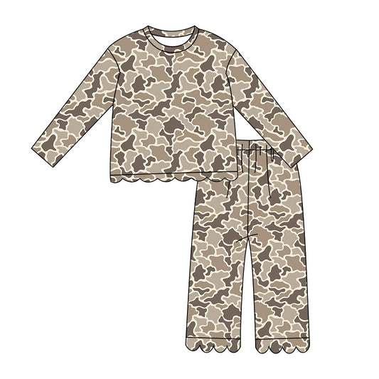 Preorder moq 5 Baby Girls Long Sleeve Khaki Camo Top Pant Scallop Clothes Set