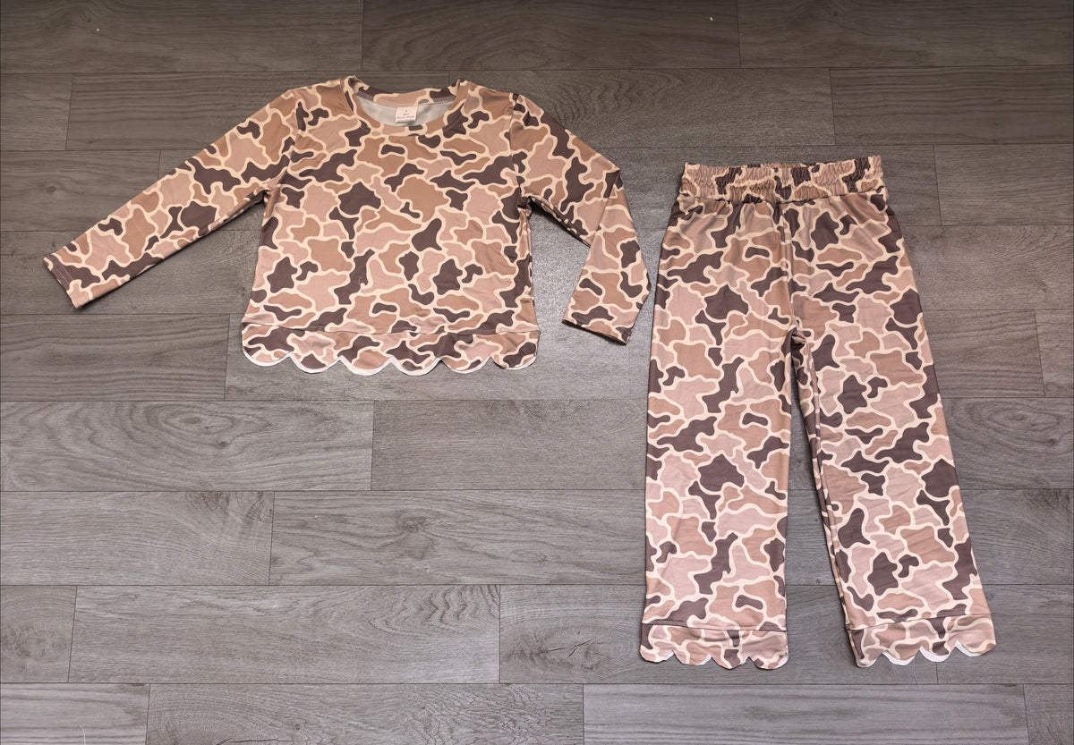 Baby Girls Long Sleeve Khaki Camo Top Pant Scallop Clothes Set Preorder